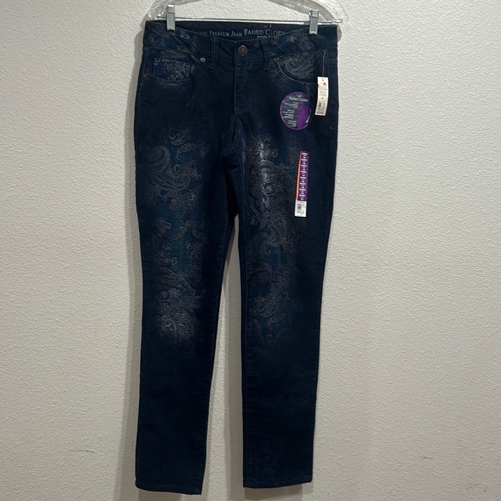 Faded Glory SZ 10woman Skinny Premium Jeans blue floral print NWT